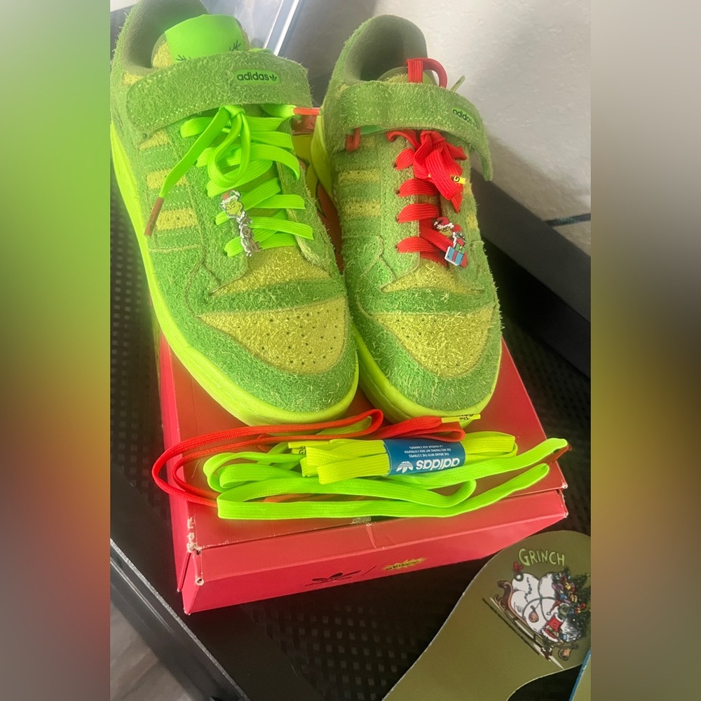 Selling the limit edition grinch adidas.